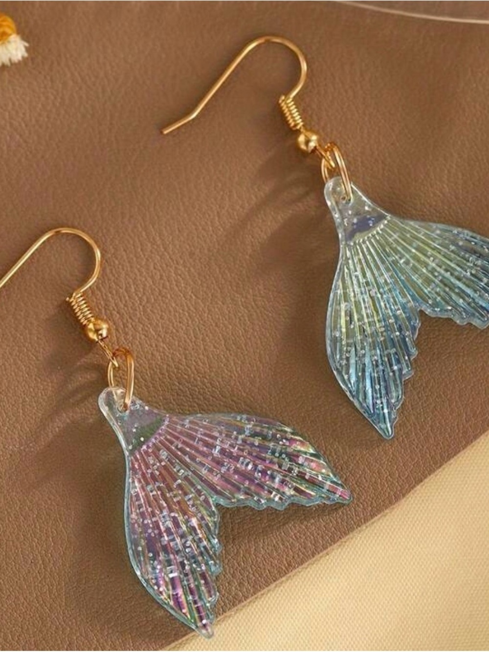 Gold Hook Iridescent Mermaid Tail Earrings in Pink & Blue - Picture 5 of 7